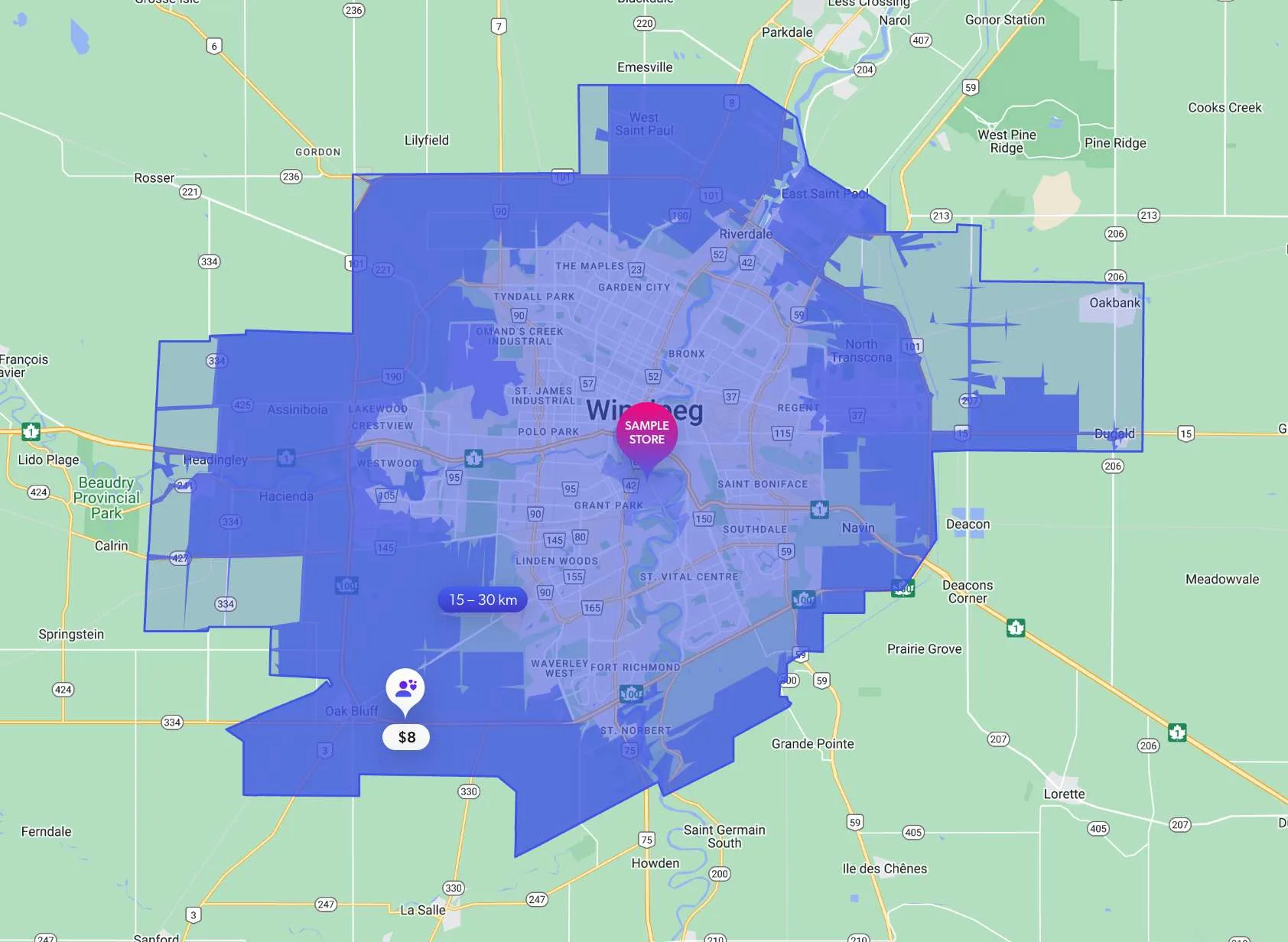 Sample Winnipeg delivery pricing map