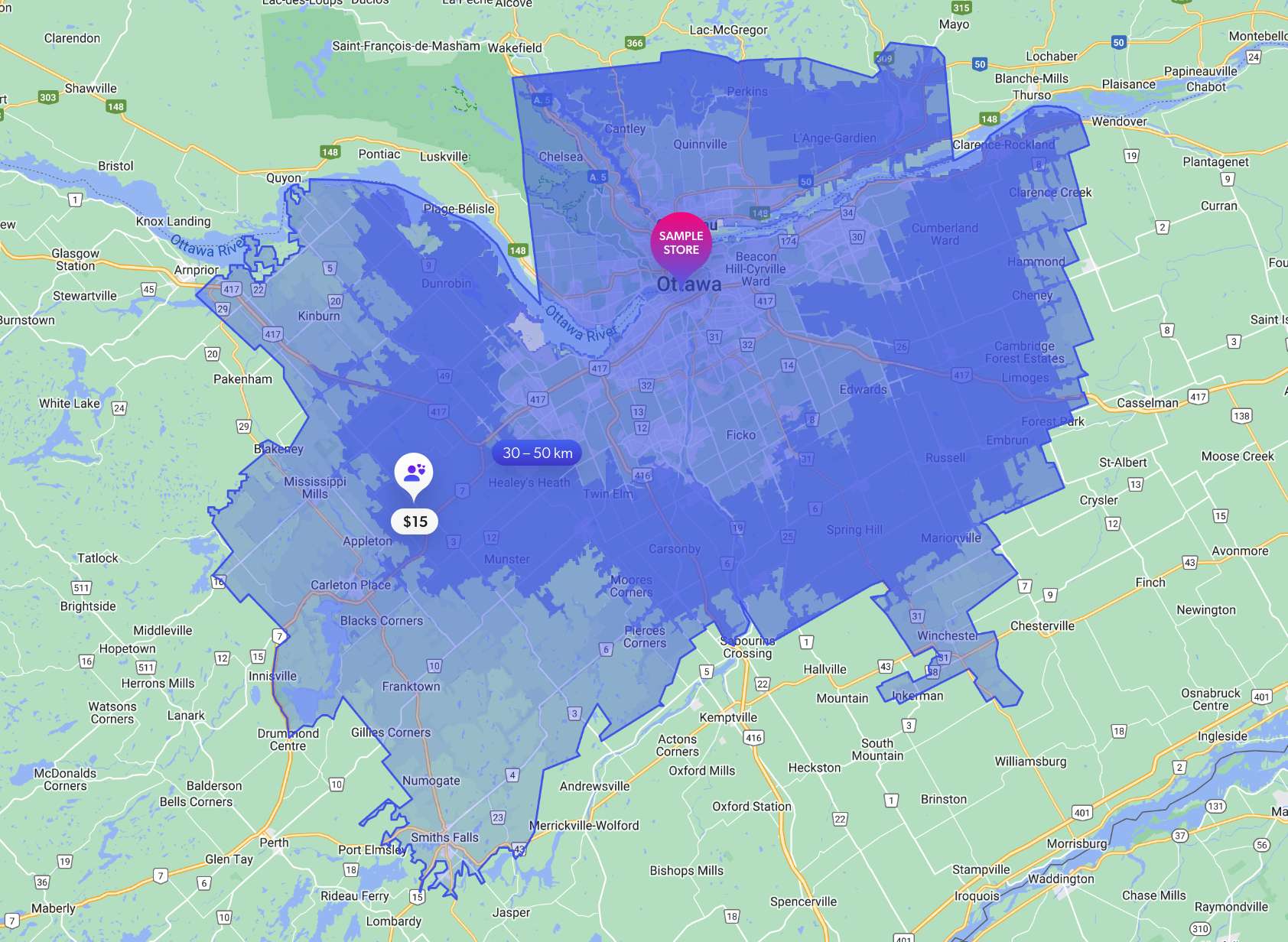 Sample Ottawa delivery pricing map